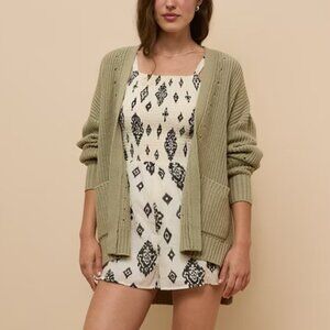 American Eagle AE Oversized Cotton Blend Open Front Faded Olive Green Cardigan S